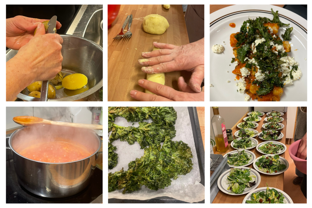 ett collage med sex småbilder på bland annat potatis, grönkål, tomatsås i gryta och händer som bakar ut deg.