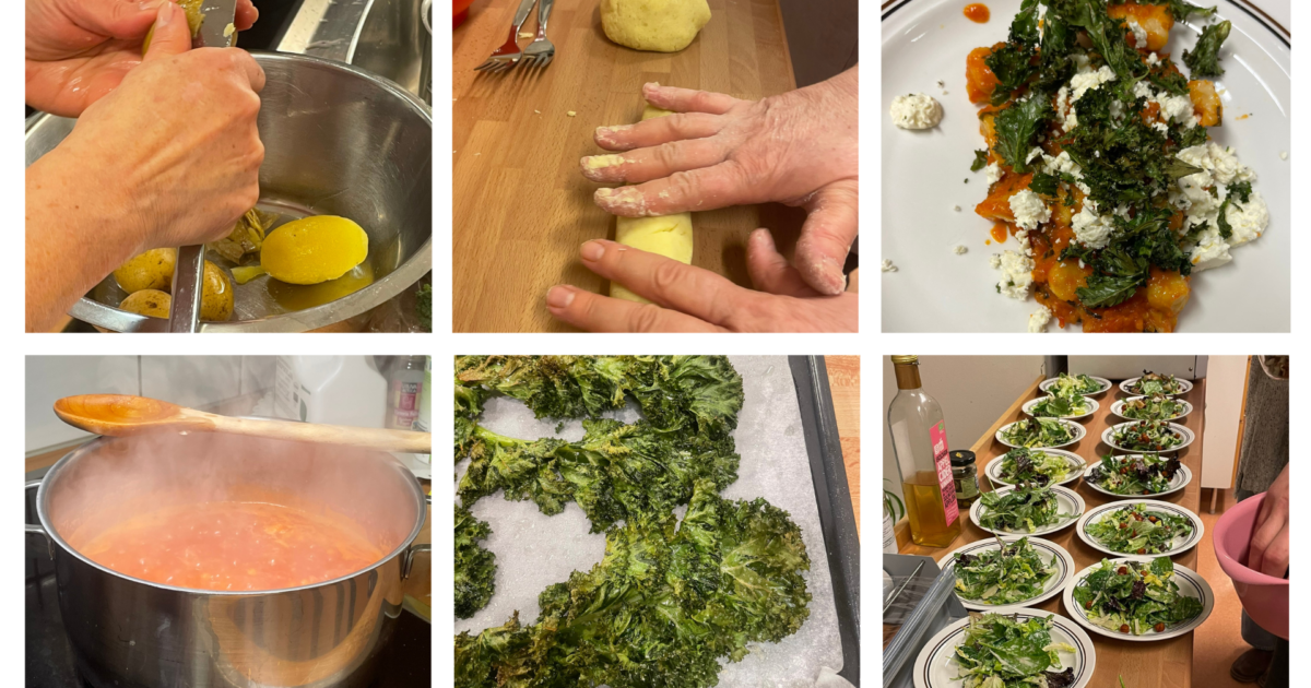 ett collage med sex småbilder på bland annat potatis, grönkål, tomatsås i gryta och händer som bakar ut deg.